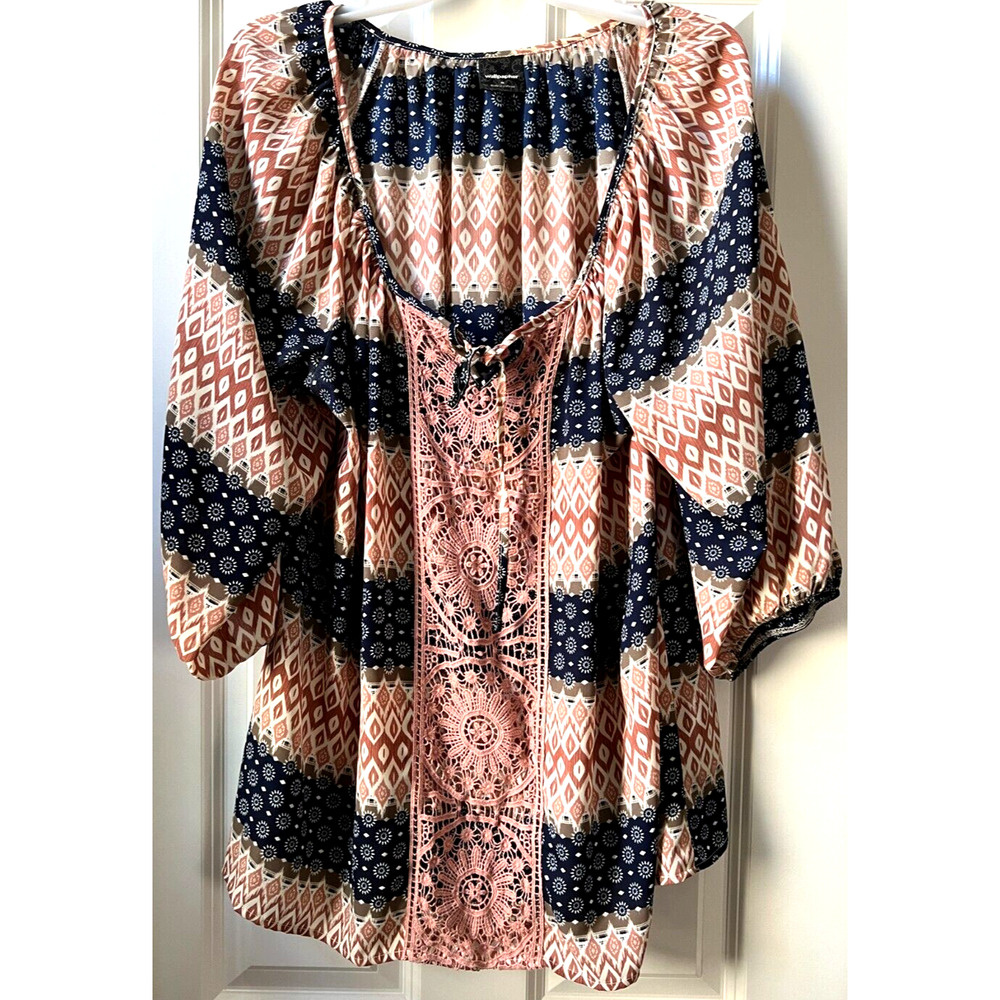 Wallpapher Three Quarter Sleeve Boho Chic Scoop Neck Lace Tie Flowy Blouse 1X